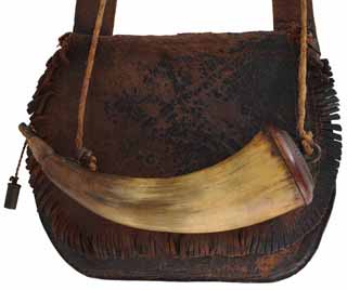 Antique Hunting Bag & Powder Horn,
 9" by 7" bag, 9-1/2" horn, 
mold, brass tin, powder measure